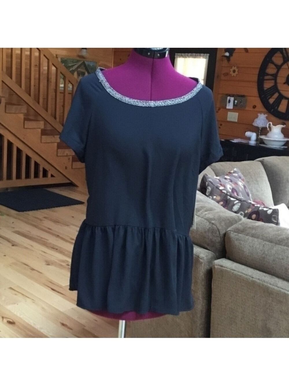 Short Sleeve Peplum Top New Size Large Black Semi Sheer Neck Detail  NWT Rewind